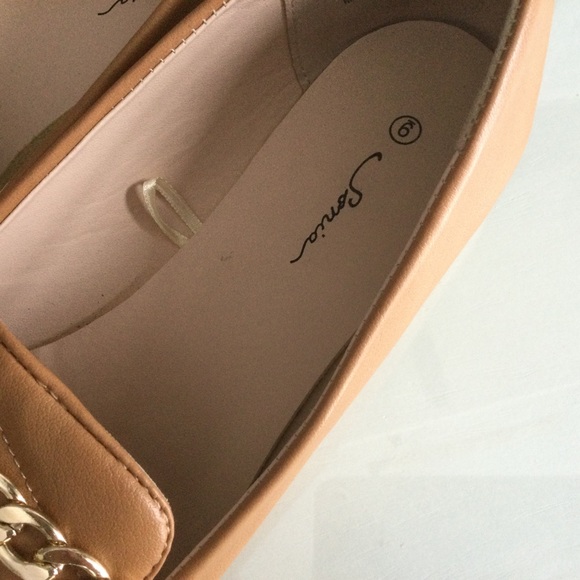 Tan Loafers With Gold Chain Accent - Picture 3 of 6